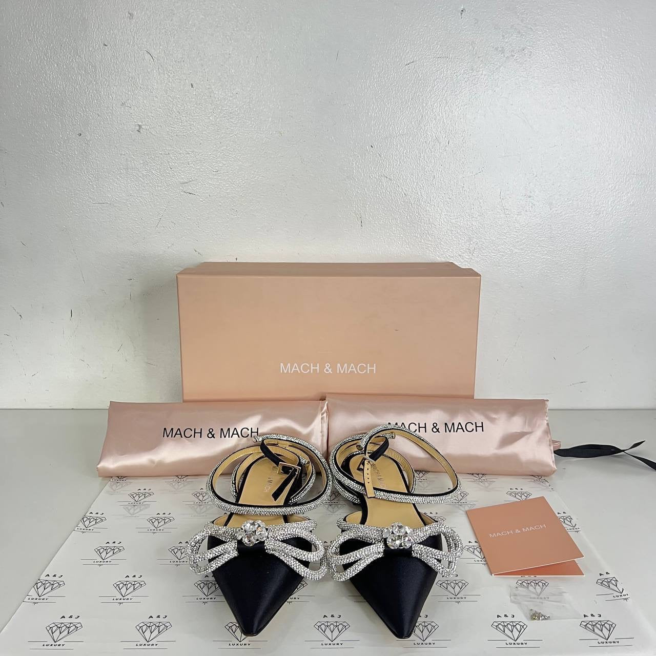 [PRE LOVED] Mach & Mach Double Bow Crystal Embellished Flats in Black Size 38EU