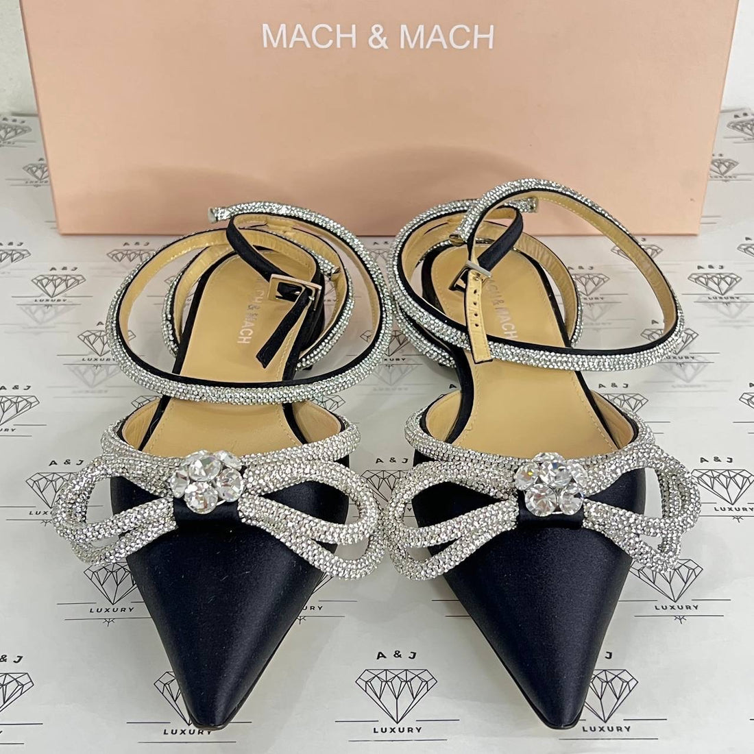 [PRE LOVED] Mach & Mach Double Bow Crystal Embellished Flats in Black Size 38EU