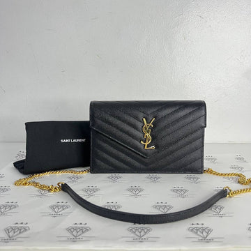 [PRE LOVED] YSL Small Wallet on Chain in Black Grain De Poudre Leather GHW