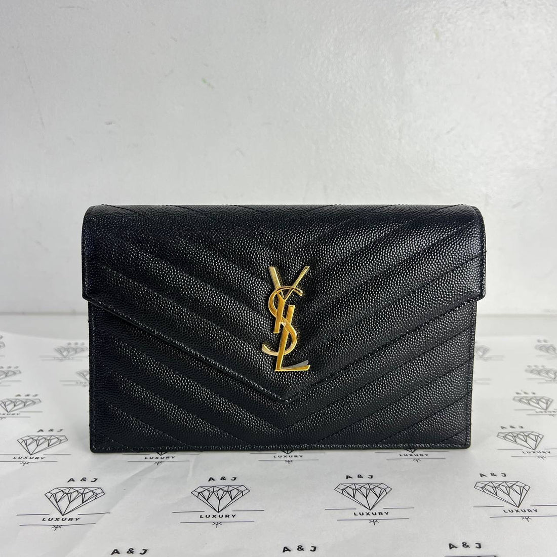 [PRE LOVED] YSL Small Wallet on Chain in Black Grain De Poudre Leather GHW