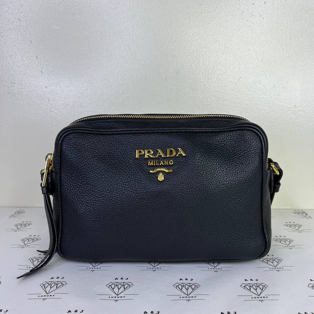 [PRE LOVED] Prada Double Zip Camera Bag in Black Vitello Daino Leather GHW