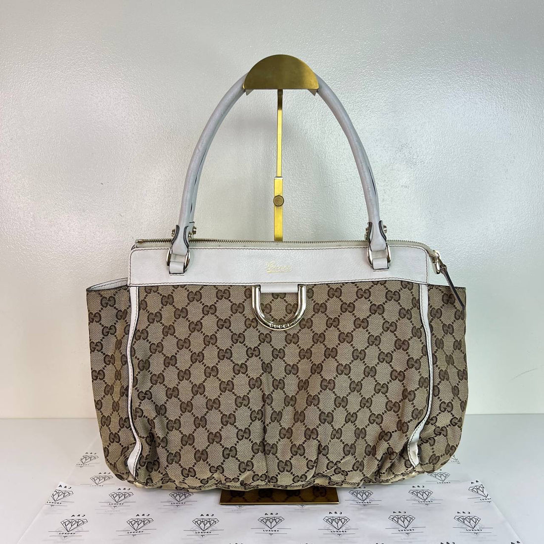 [PRE LOVED] Gucci Abbey D-Ring Tote in Brown Canvass with White Leather trims GHW
