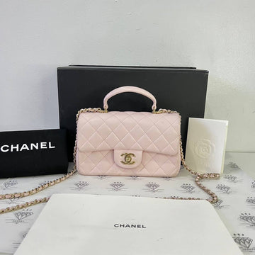 [PRE LOVED] Chanel 22P Mini Rectangle Top Handle in Pink Lambskin Leather Light Gold HW (microchipped)