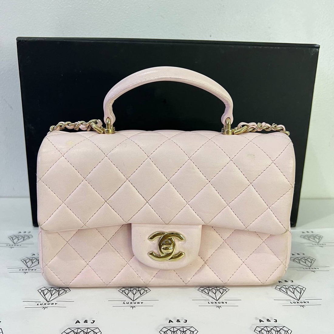 [PRE LOVED] Chanel 22P Mini Rectangle Top Handle in Pink Lambskin Leather Light Gold HW (microchipped)