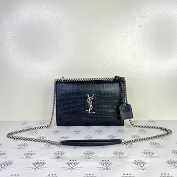 [PRE LOVED] YSL Medium Sunset in Black Croc Embossed Leather SHW
