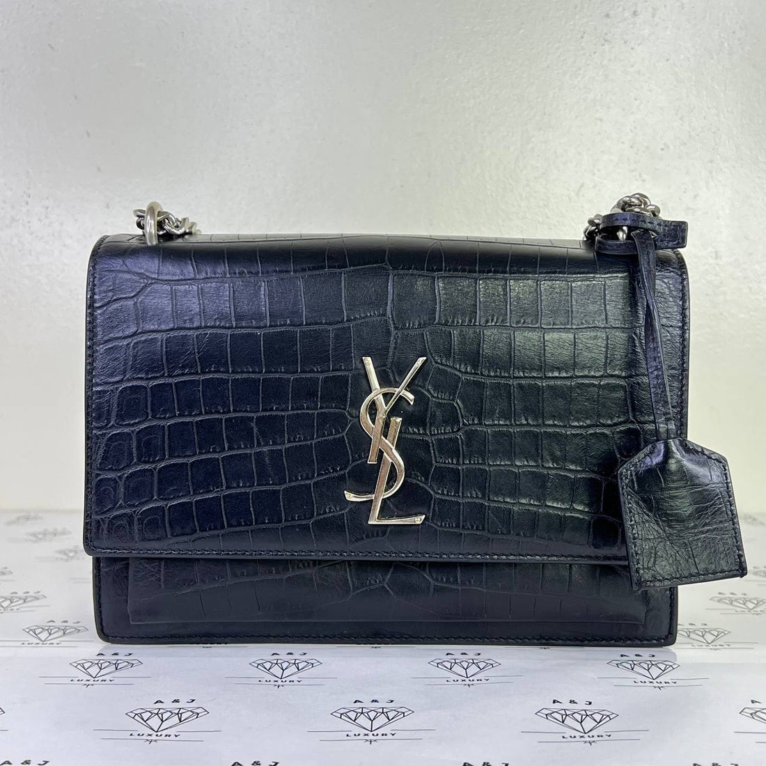 [PRE LOVED] YSL Medium Sunset in Black Croc Embossed Leather SHW