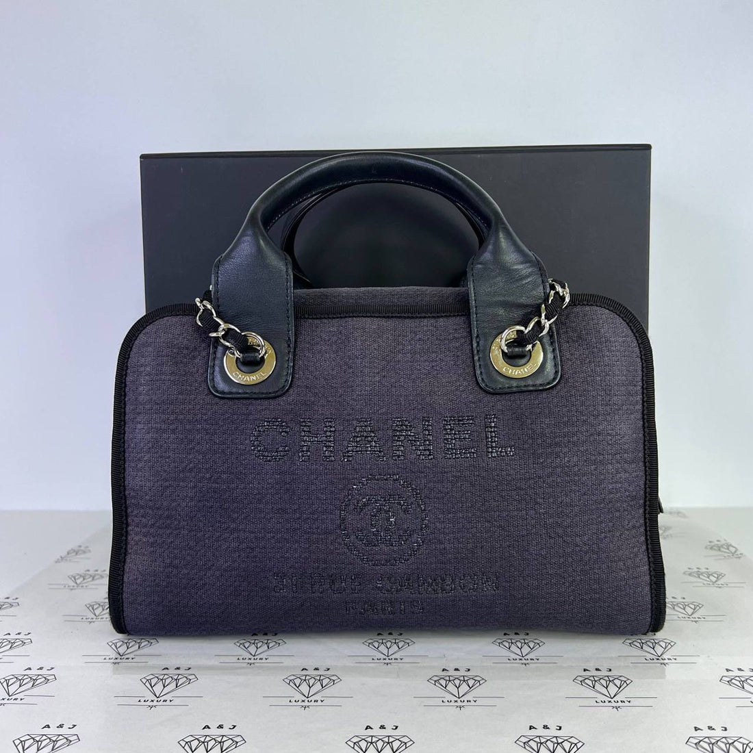 [PRE LOVED] Chanel Deauville Bowling Bag in Blue with Black lining SHW (microchipped)