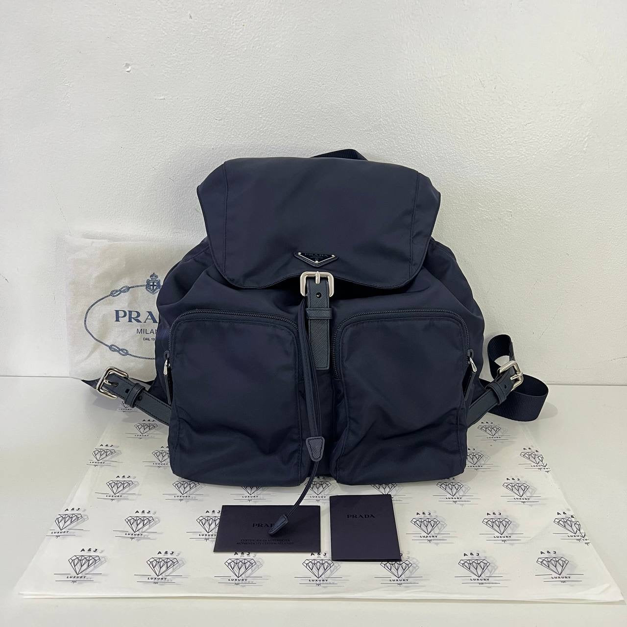 [PRE LOVED] Prada 1BZ005 Double Pocket Backpack in Bleu Tessuto SHW