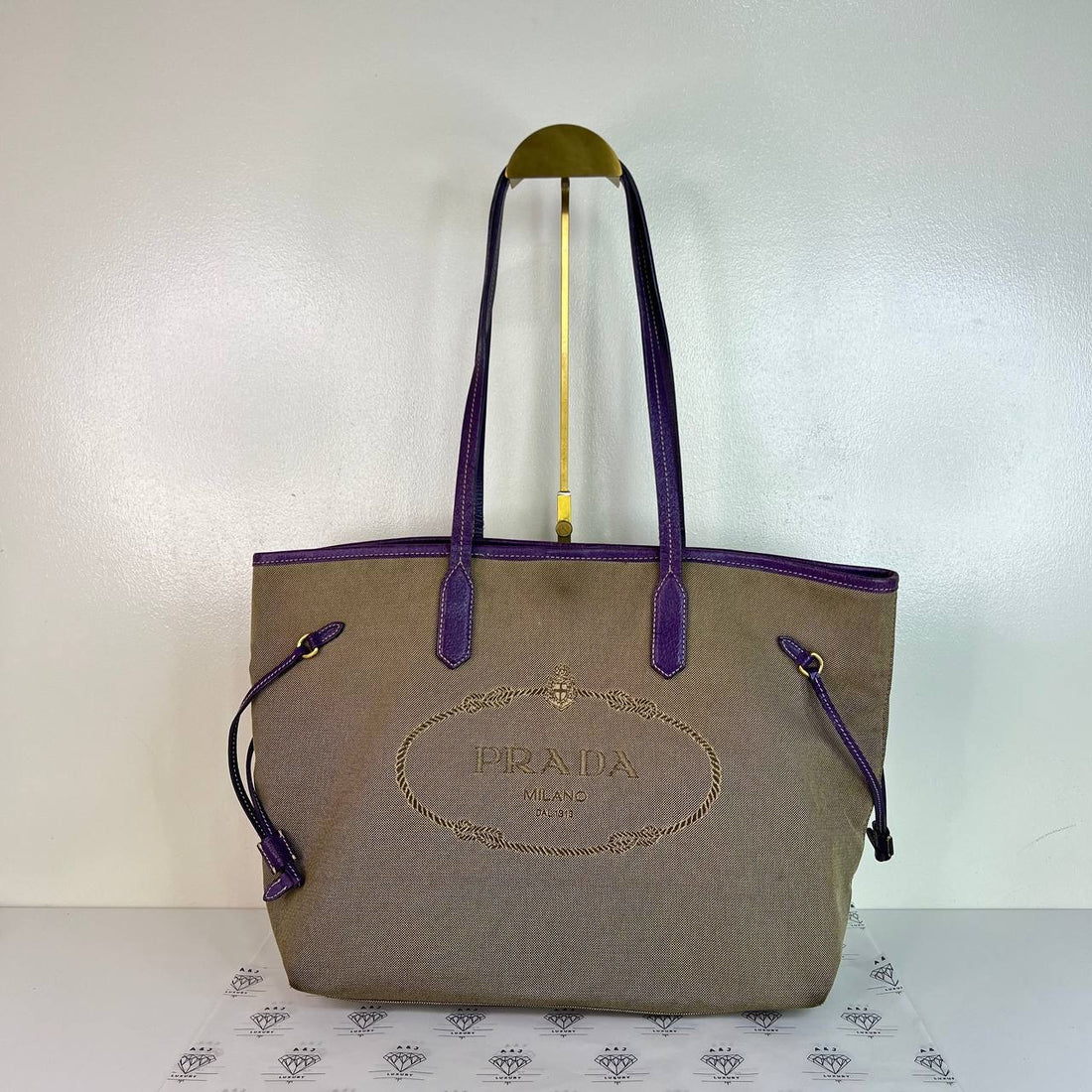 [PRE LOVED] Prada Canvass Tote in Brown with Purple Leather trims GHW