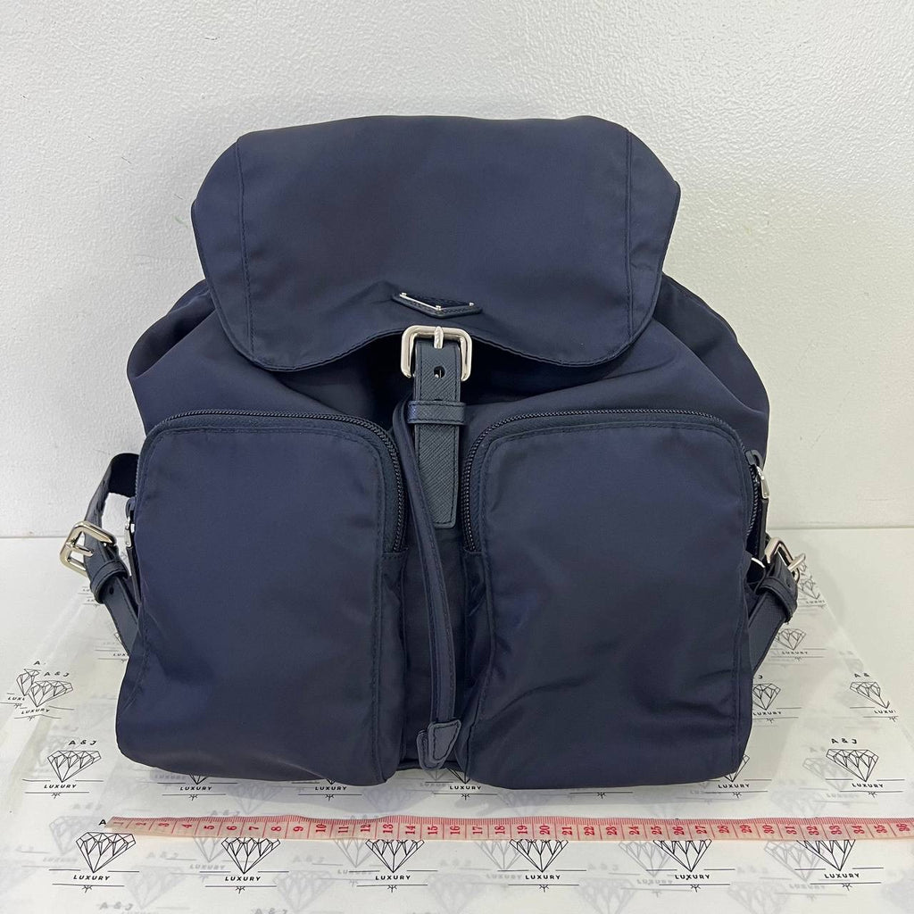 [PRE LOVED] Prada 1BZ005 Double Pocket Backpack in Bleu Tessuto SHW