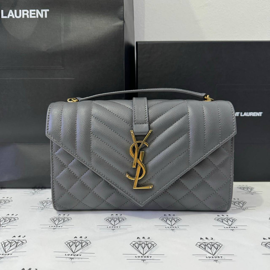 [PRE LOVED] Yves Saint Laurent Small Envelope Flap in Storm Matelasse Grain De Poudre Leather GHW