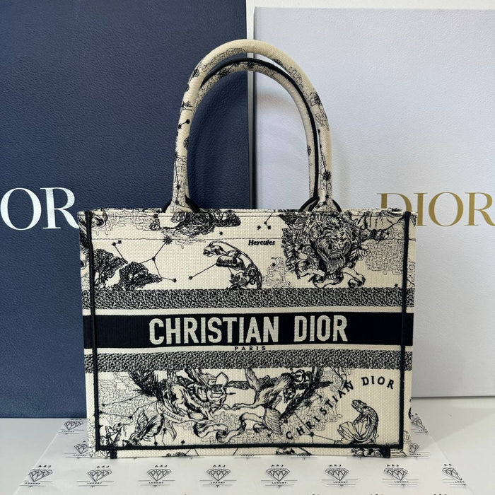 [PRE LOVED] Christian Dior Medium Book Tote in Latte and Black CD Zodiac Embroidery