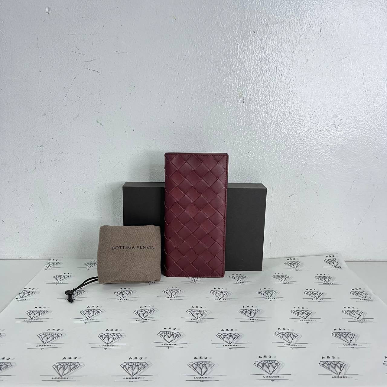 [PRE LOVED] Bottega Veneta Flap Long Wallet in Maroon Intrecciato Leather