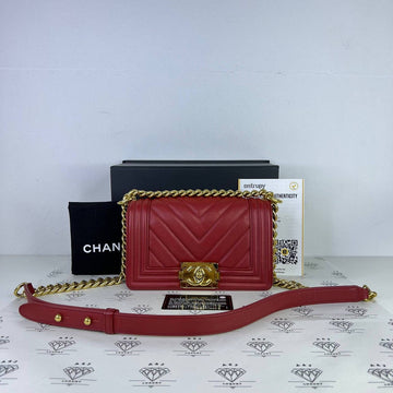[PRE LOVED] Chanel Small Leboy Chevron in Dark Red Lambskin Leather Light Gold HW (Series 28)