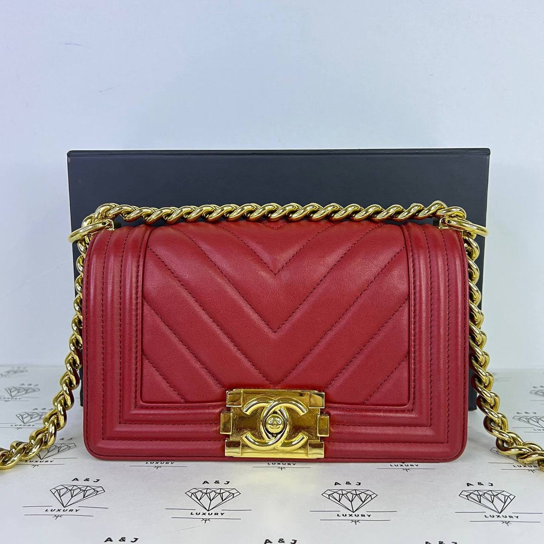 [PRE LOVED] Chanel Small Leboy Chevron in Dark Red Lambskin Leather Light Gold HW (Series 28)