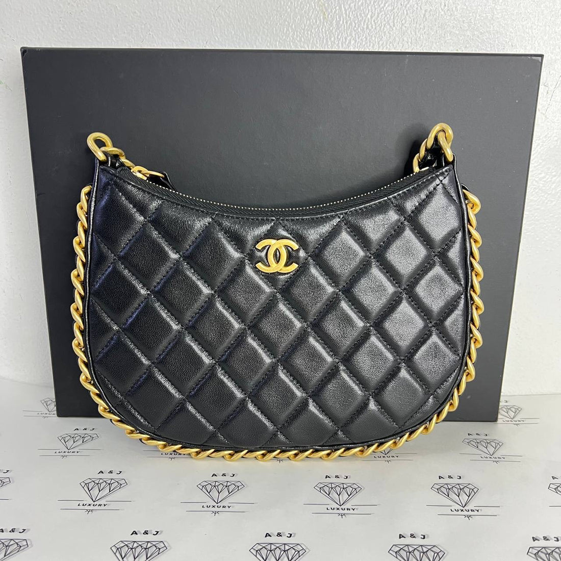 [PRE LOVED] Chanel Chain Around Hobo Bag in Black Lambskin Leather Aged Gold HW (microchipped)