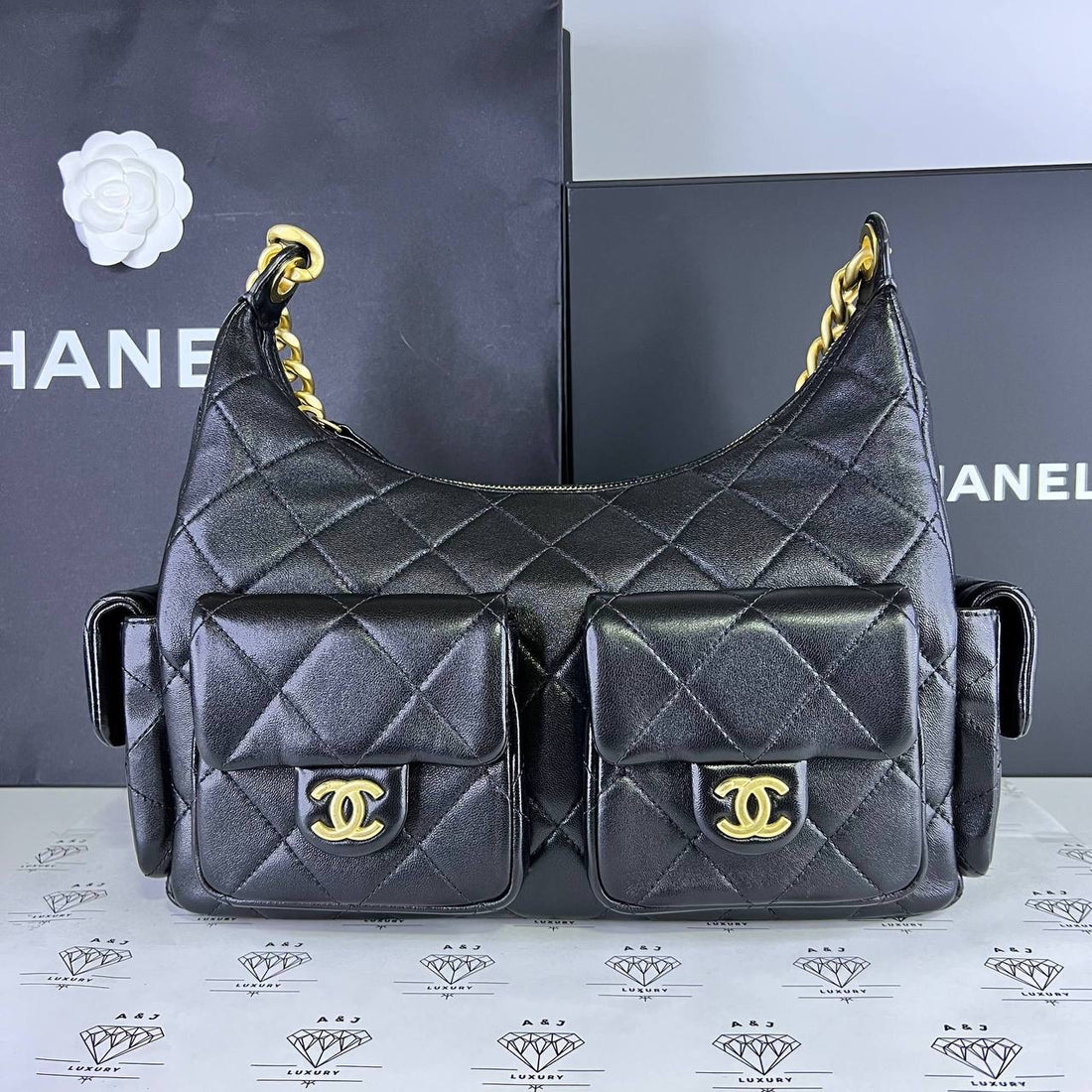 [PRE LOVED] Chanel 25C Collection Trendy Hobo Pockets in Black Lambskin Leather GHW (microchipped)