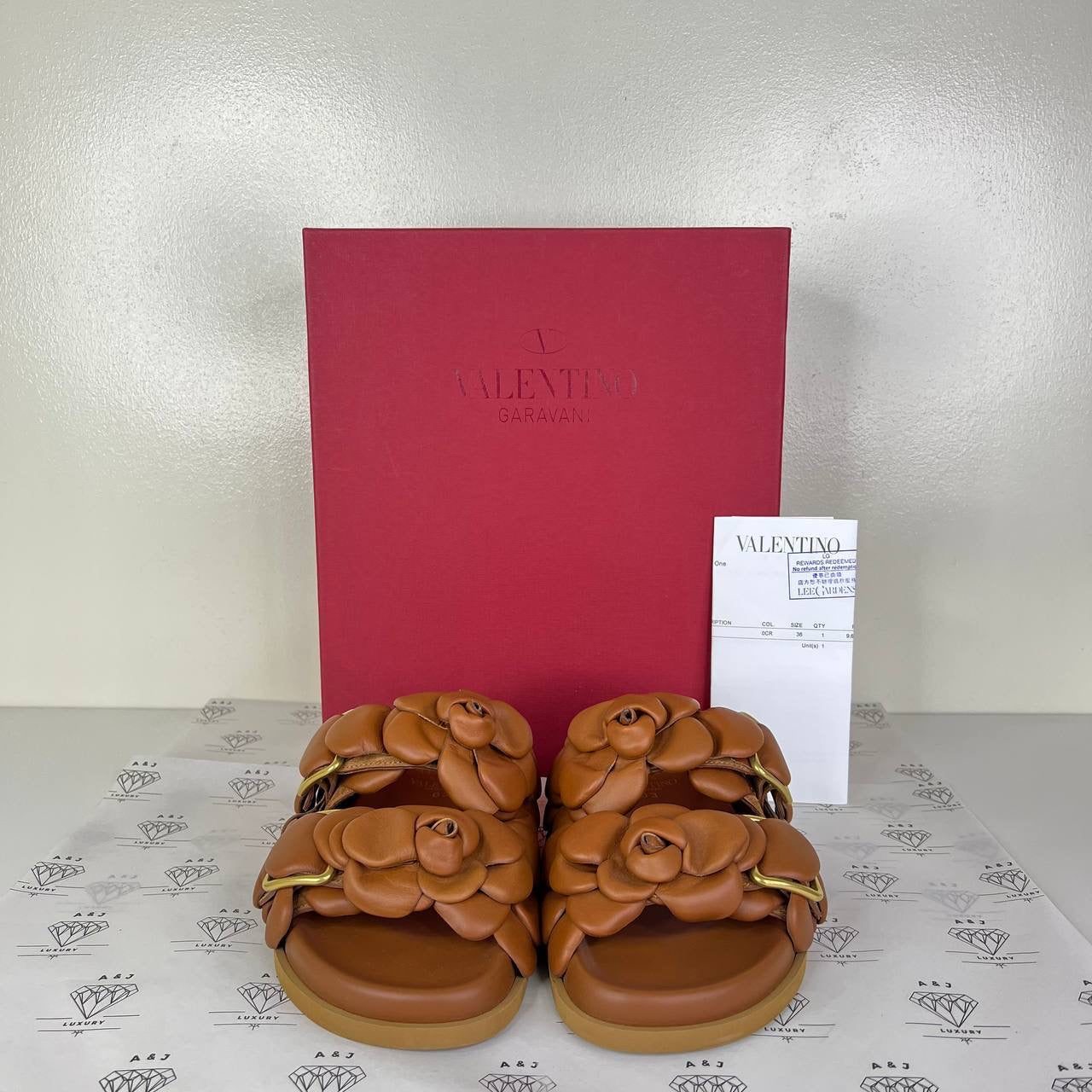 [PRE LOVED] Valentino Rose Leather Slide in Brown Size 36EU