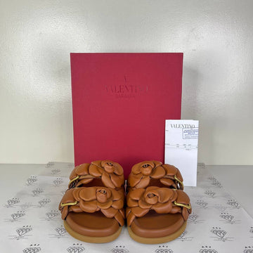 [PRE LOVED] Valentino Rose Leather Slide in Brown Size 36EU