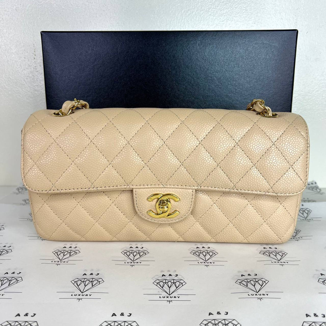 [PRE LOVED] Chanel East West Flap in Beige Clair Caviar Leather 24K Gold Hardware (Series 12)