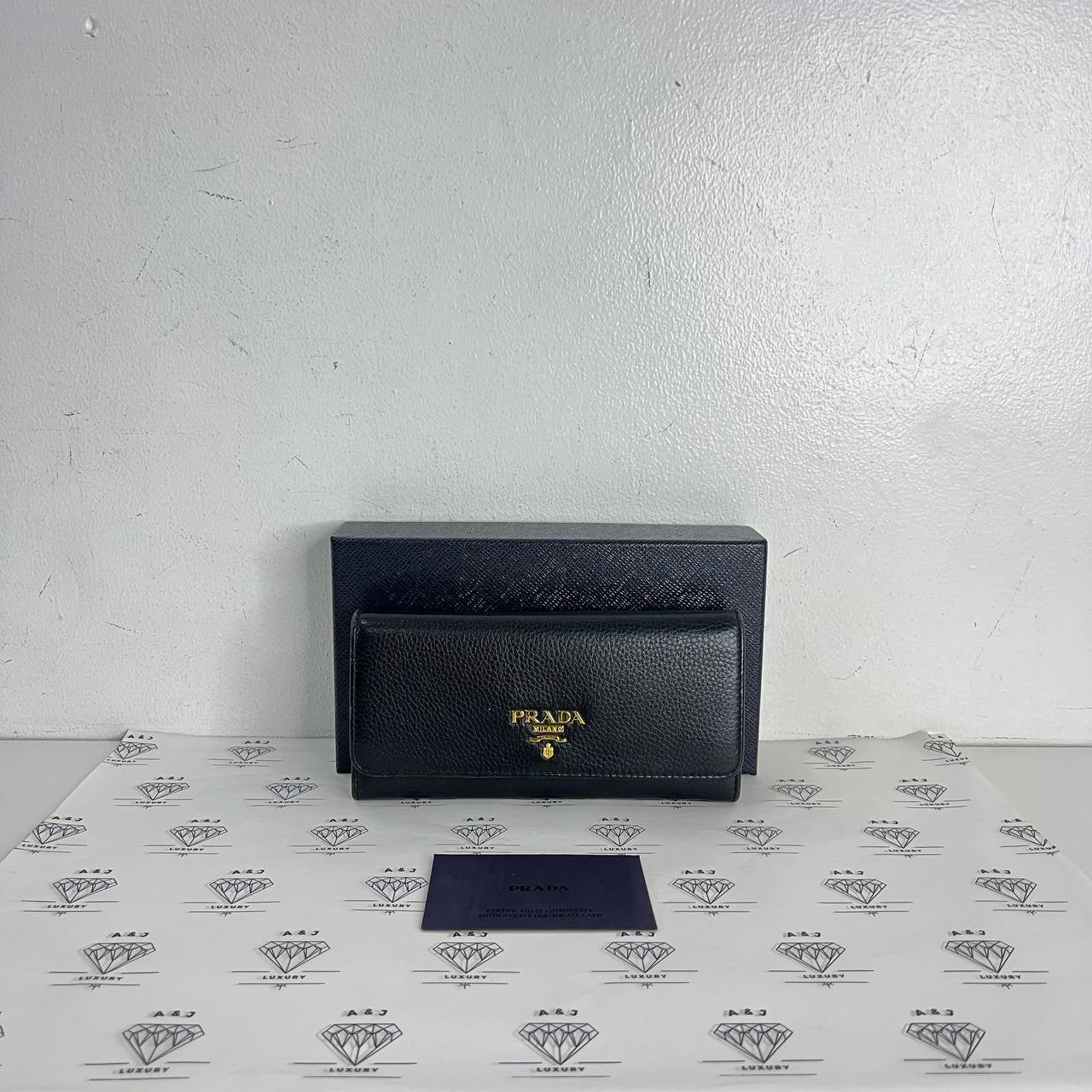 [PRE LOVED] Prada 1MH132 Long Flap Wallet in Nero Vitello Grain Leather GHW