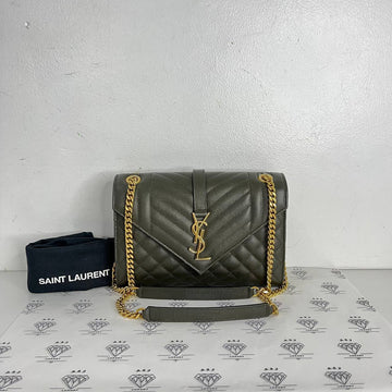 [PRE LOVED] YSL Medium Envelope in Khaki Grain De Poudre Leather GHW