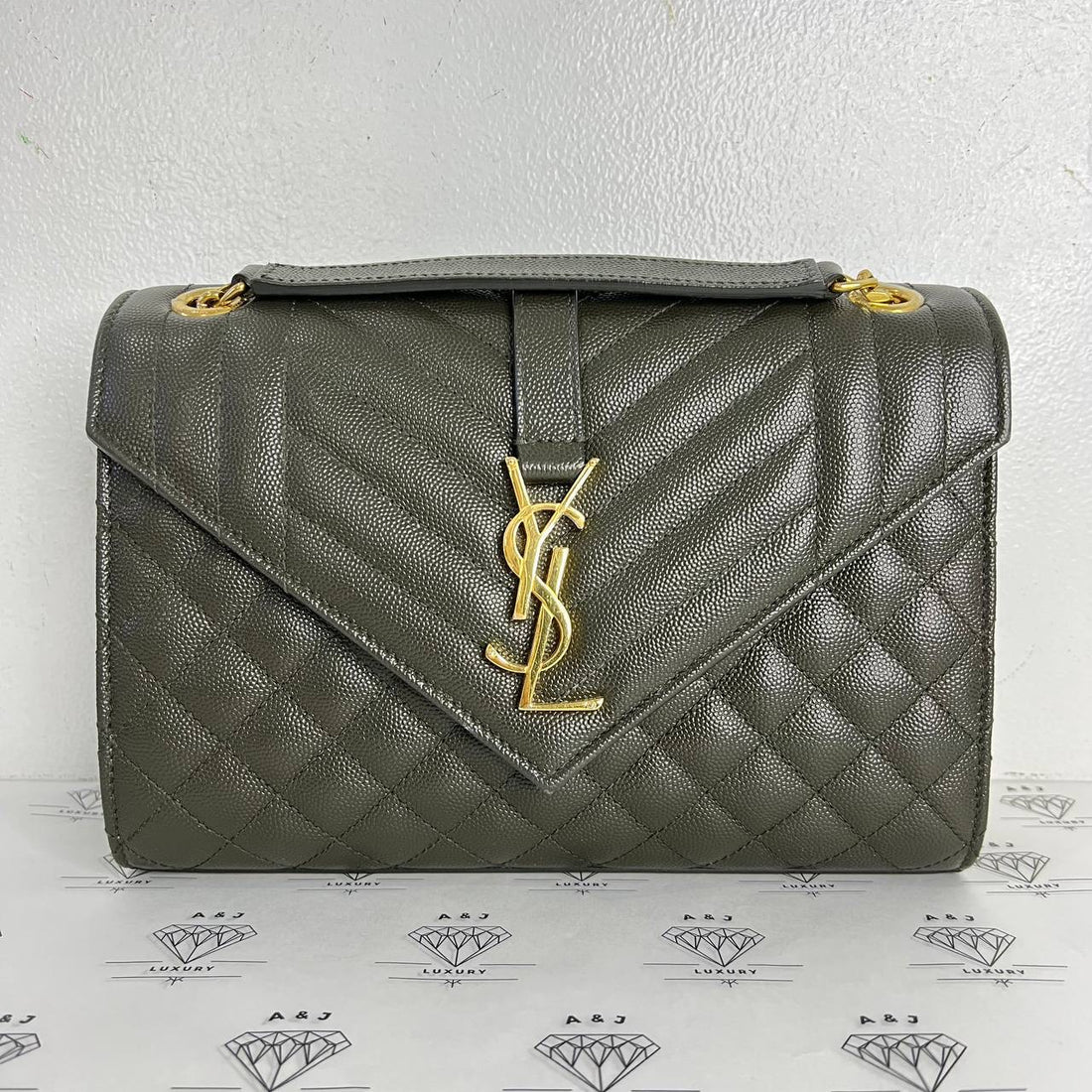 [PRE LOVED] YSL Medium Envelope in Khaki Grain De Poudre Leather GHW