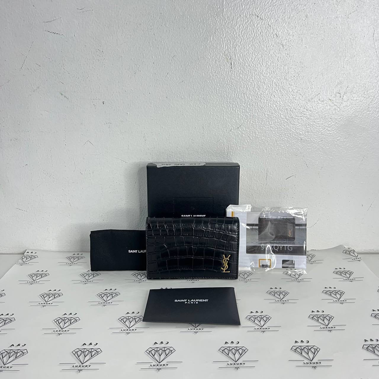 [PRE LOVED] YSL Business Card Case in Black Croc Embossed Leather GHW