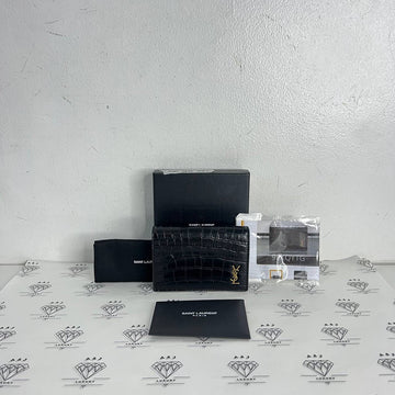 [PRE LOVED] YSL Business Card Case in Black Croc Embossed Leather GHW