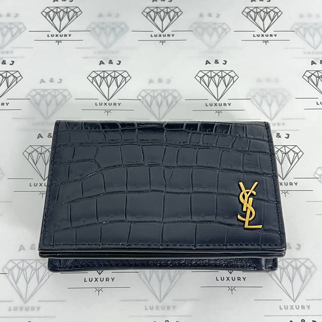 [PRE LOVED] YSL Business Card Case in Black Croc Embossed Leather GHW