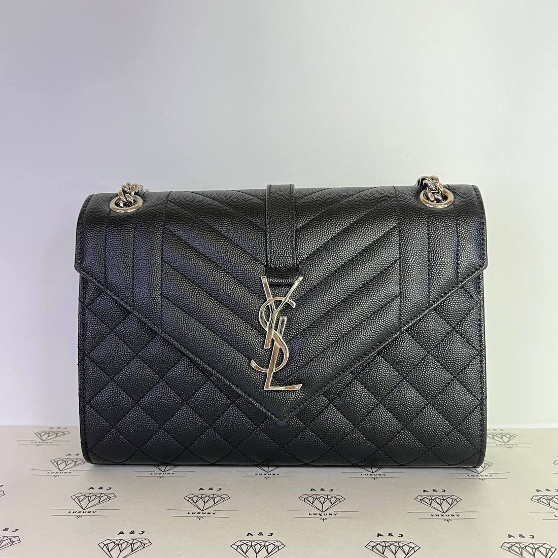[PRE LOVED] YSL Medium Envelope in Black Grain De Poudre SHW