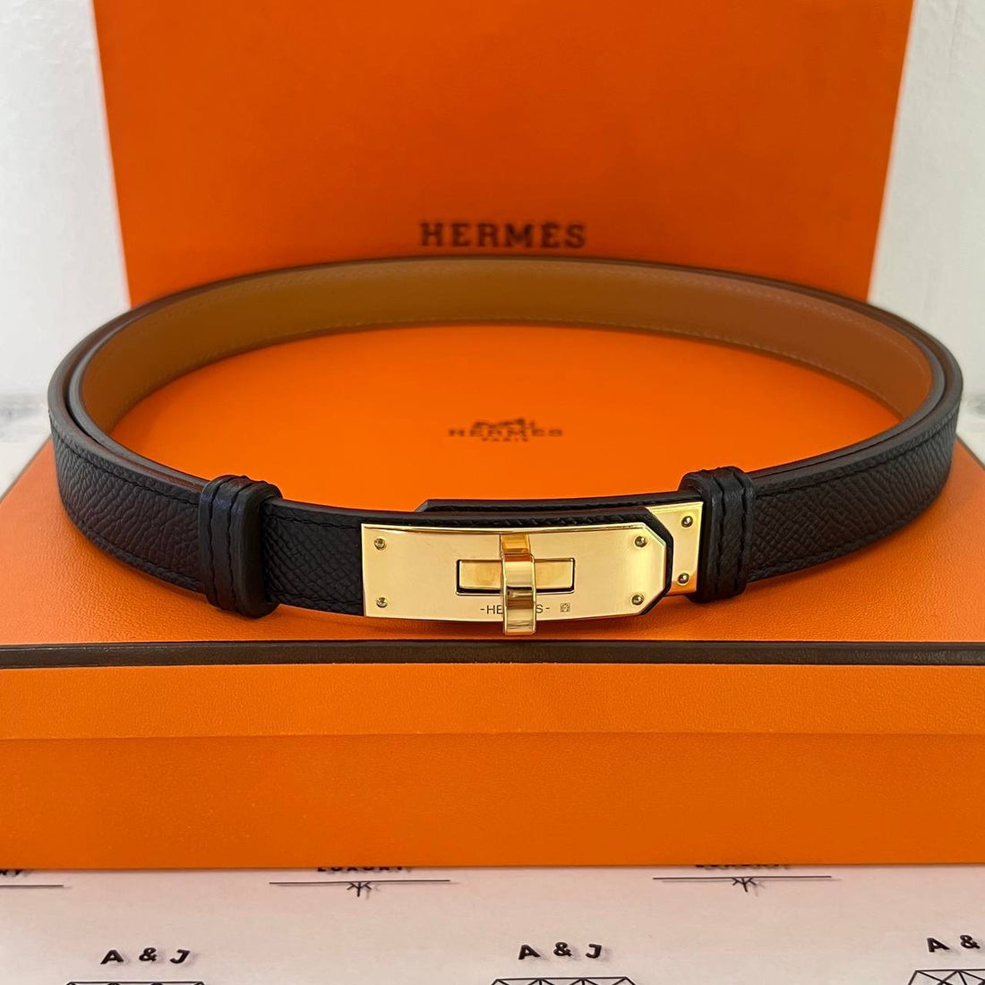 [PRE LOVED] Hermes Kelly 18 Belt in Black Epsom Leather RGHW (Stamp B - 2023)