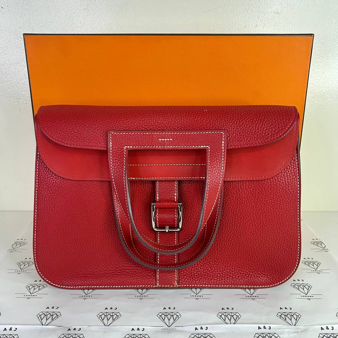 [PRE LOVED] Hermes Halzan 31 in Vermillion Clemence Leather PHW (Stamp X - 2016)
