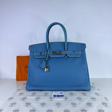 [PRE LOVED] Hermes Birkin 35 Retourne in Blue Jean Togo Leather PHW (Stamp F Square - 2002)