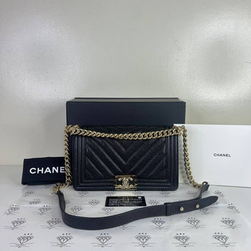 [PRE LOVED] Chanel Old Medium Chevron Leboy in Black Caviar Leather Light Gold HW (Series 28)