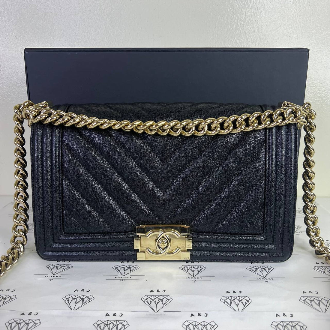 [PRE LOVED] Chanel Old Medium Chevron Leboy in Black Caviar Leather Light Gold HW (Series 28)
