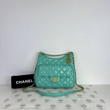 [PRE LOVED] Chanel Small Hobo Chain Shoulder Bag in Green Patent Leather GHW (microchipped)