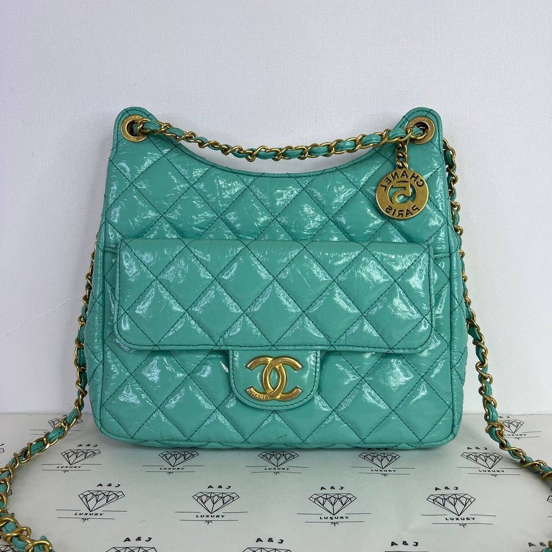 [PRE LOVED] Chanel Small Hobo Chain Shoulder Bag in Green Patent Leather GHW (microchipped)