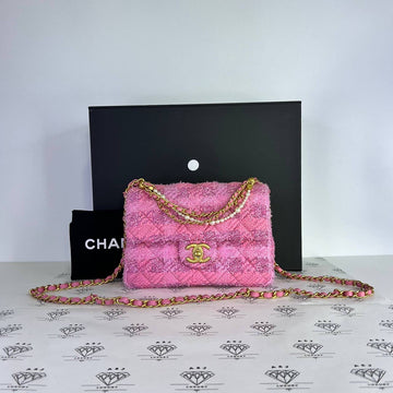 [PRE LOVED] Chanel Seasonal Mini Square Flap Bag with Pearl in Pink Tweed GHW (microchipped)