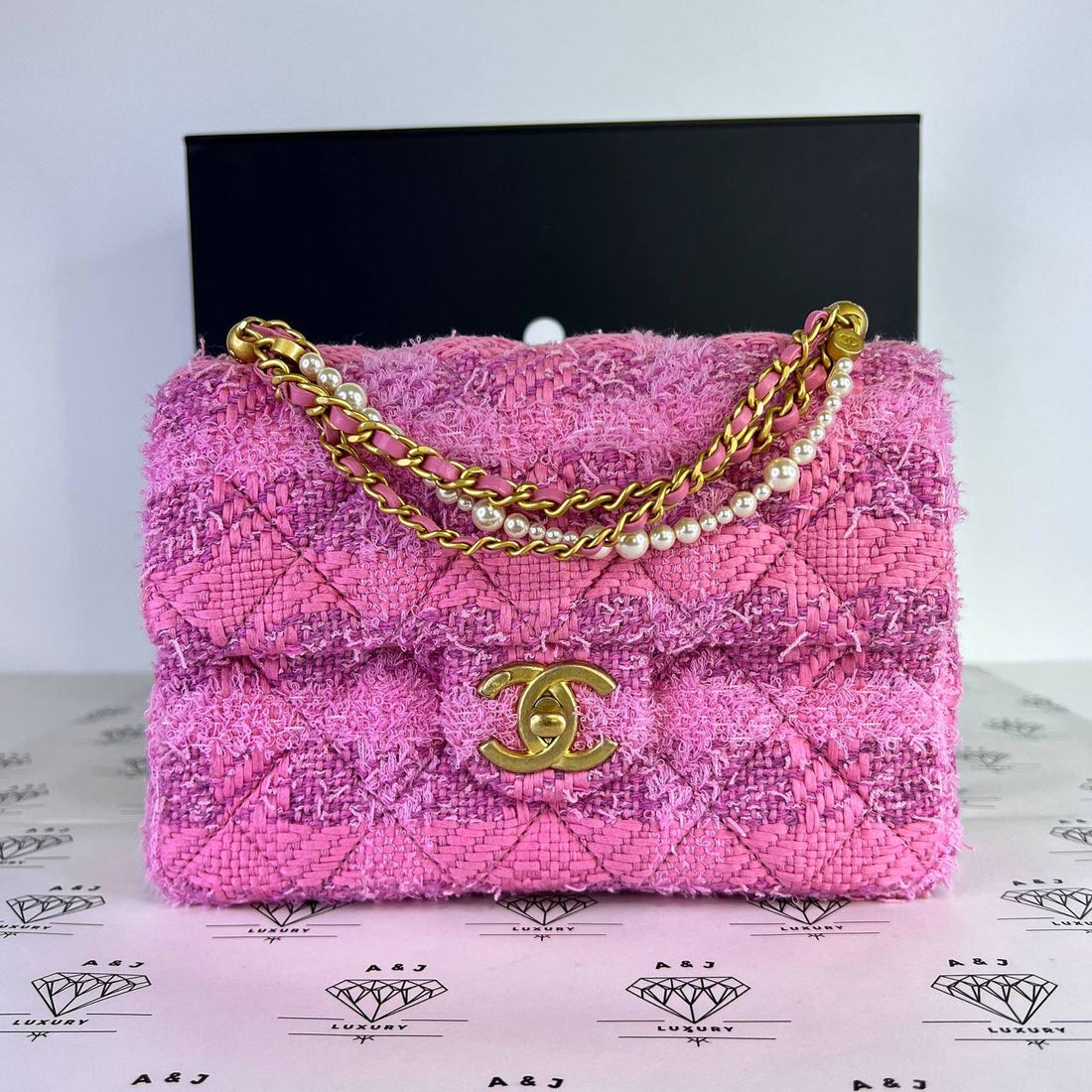 [PRE LOVED] Chanel Seasonal Mini Square Flap Bag with Pearl in Pink Tweed GHW (microchipped)