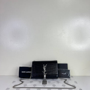 [PRE LOVED] YSL Small Kate Tassle in Black Croc Embossed Leather SHW