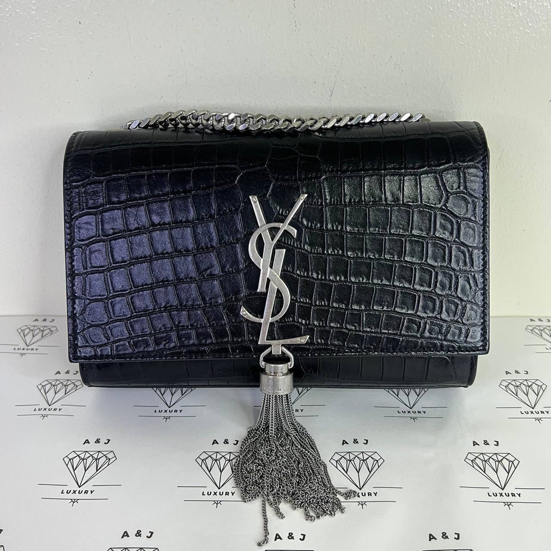 [PRE LOVED] YSL Small Kate Tassle in Black Croc Embossed Leather SHW