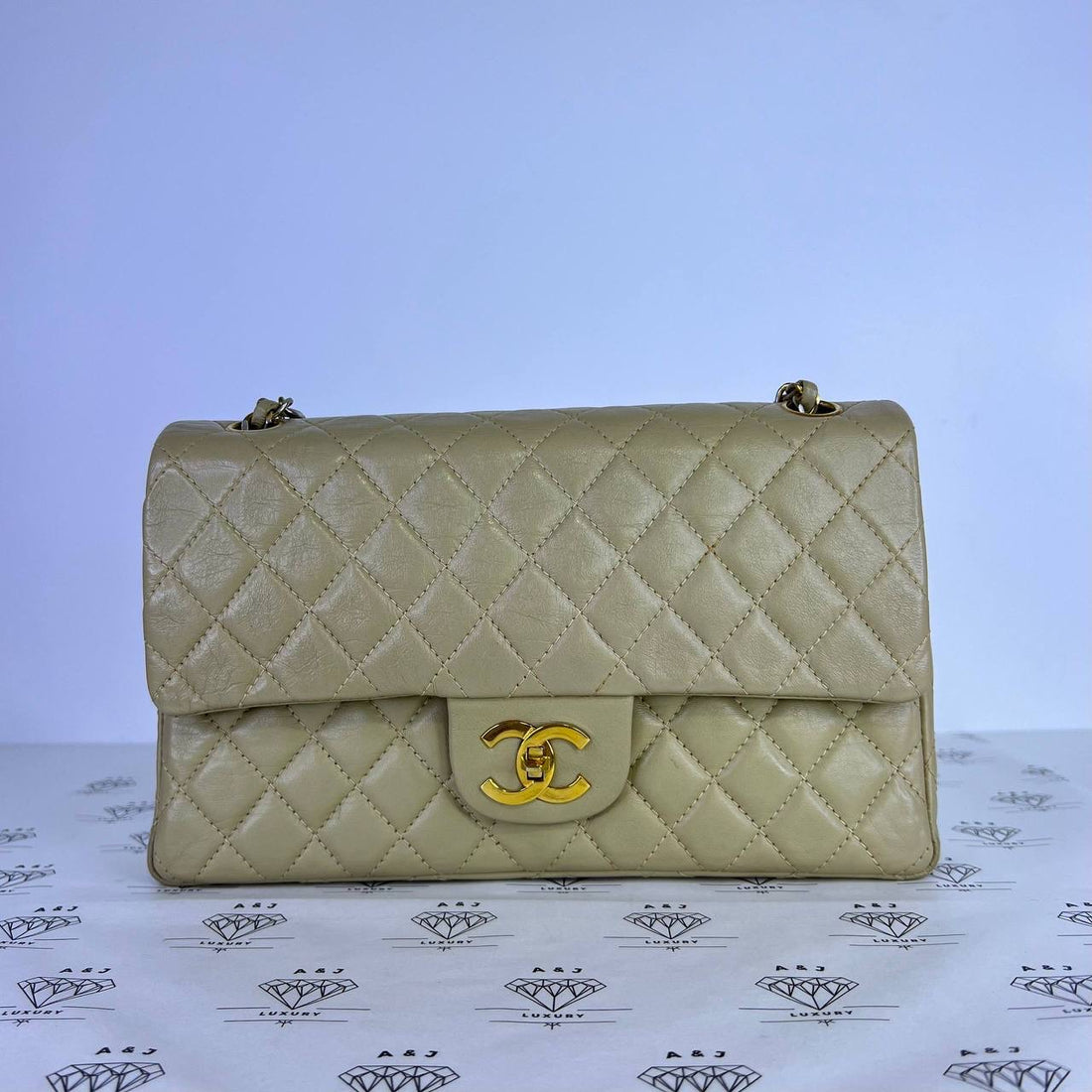 [PRE LOVED] Chanel Vintage Double Flap in Beige Lambskin Leather GHW (Pre hologram)