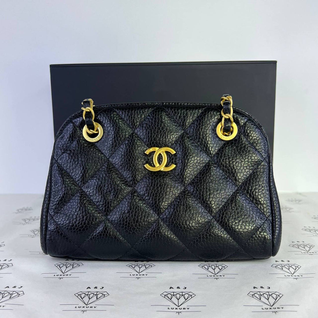 [PRE LOVED] Chanel 24K Collection Small Bowling Bag in Black Caviar Leather Aged Gold HW (microchipped)