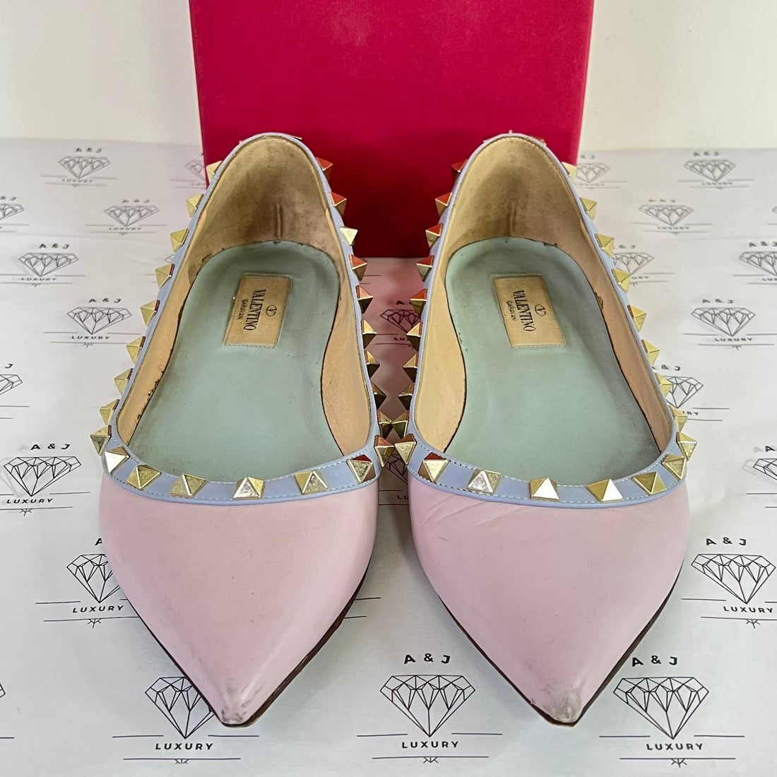 [PRE LOVED] Valentino Rockstud Ballerina Flats in Pink/Blue/Green Size 37.5EU