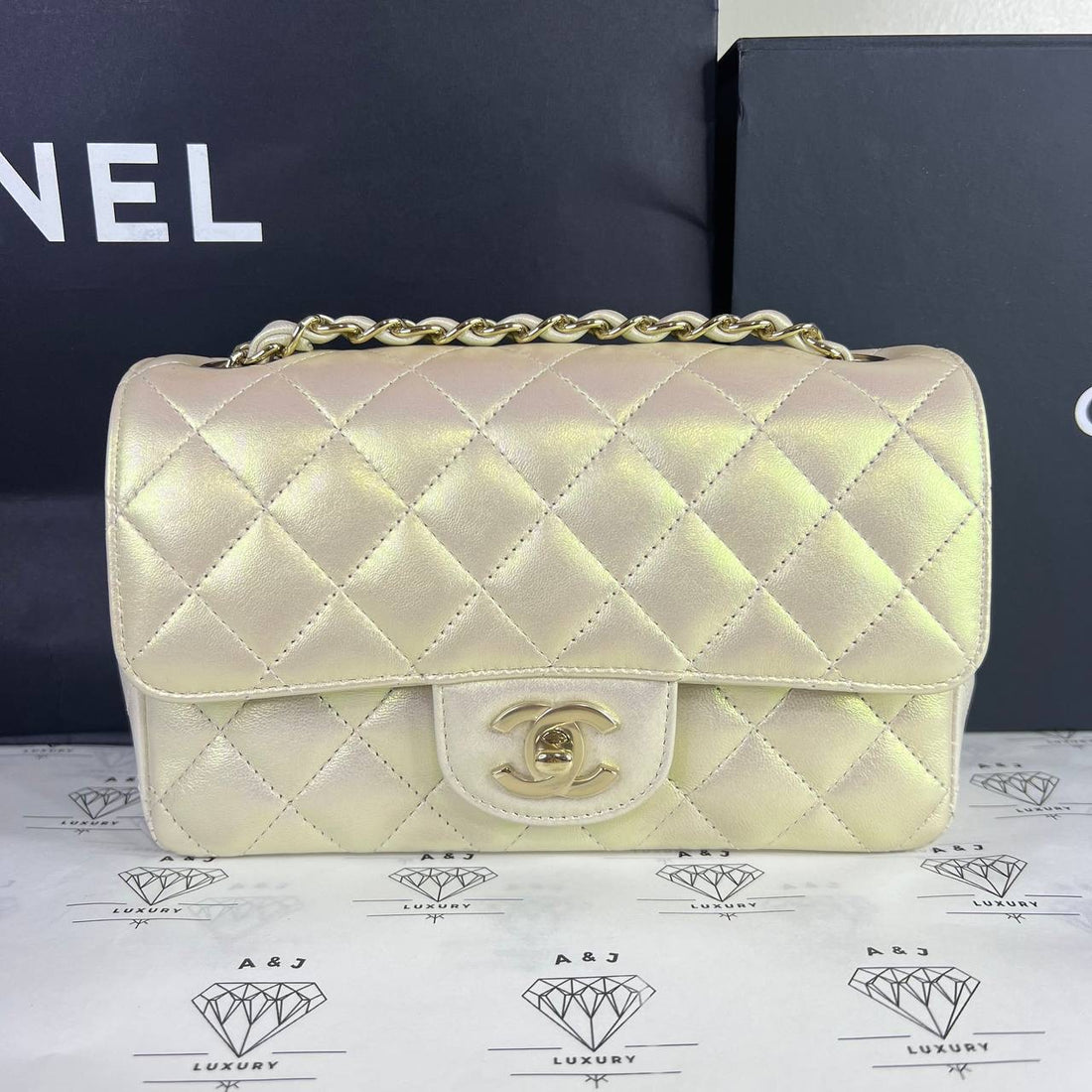 [PRE LOVED] Chanel 20B Collection Mini Rectangle Flap in Iridescent Ivory Calfskin Leather GHW (Series 30)