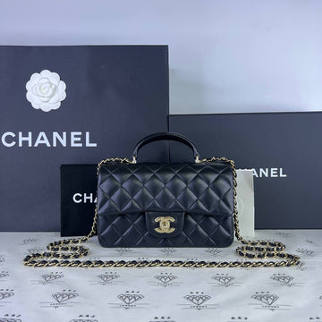 [PRE LOVED] Chanel Mini Rectangle Top Handle in Black Lambskin Leather Light Gold HW (microchipped)