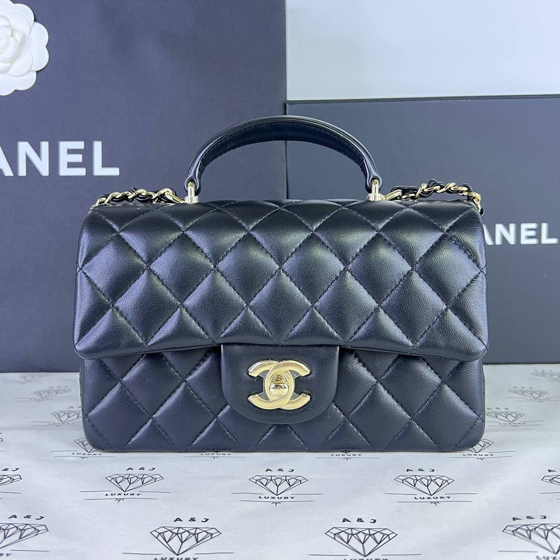 [PRE LOVED] Chanel Mini Rectangle Top Handle in Black Lambskin Leather Light Gold HW (microchipped)