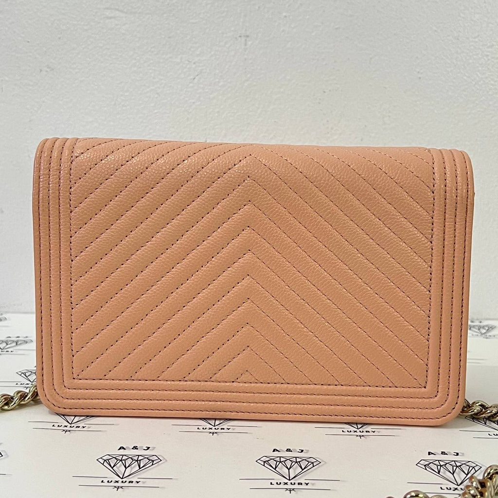 [PRE LOVED] Chanel Leboy Wallet on Chain in Peach Chevron Caviar Leather GHW (microchipped)