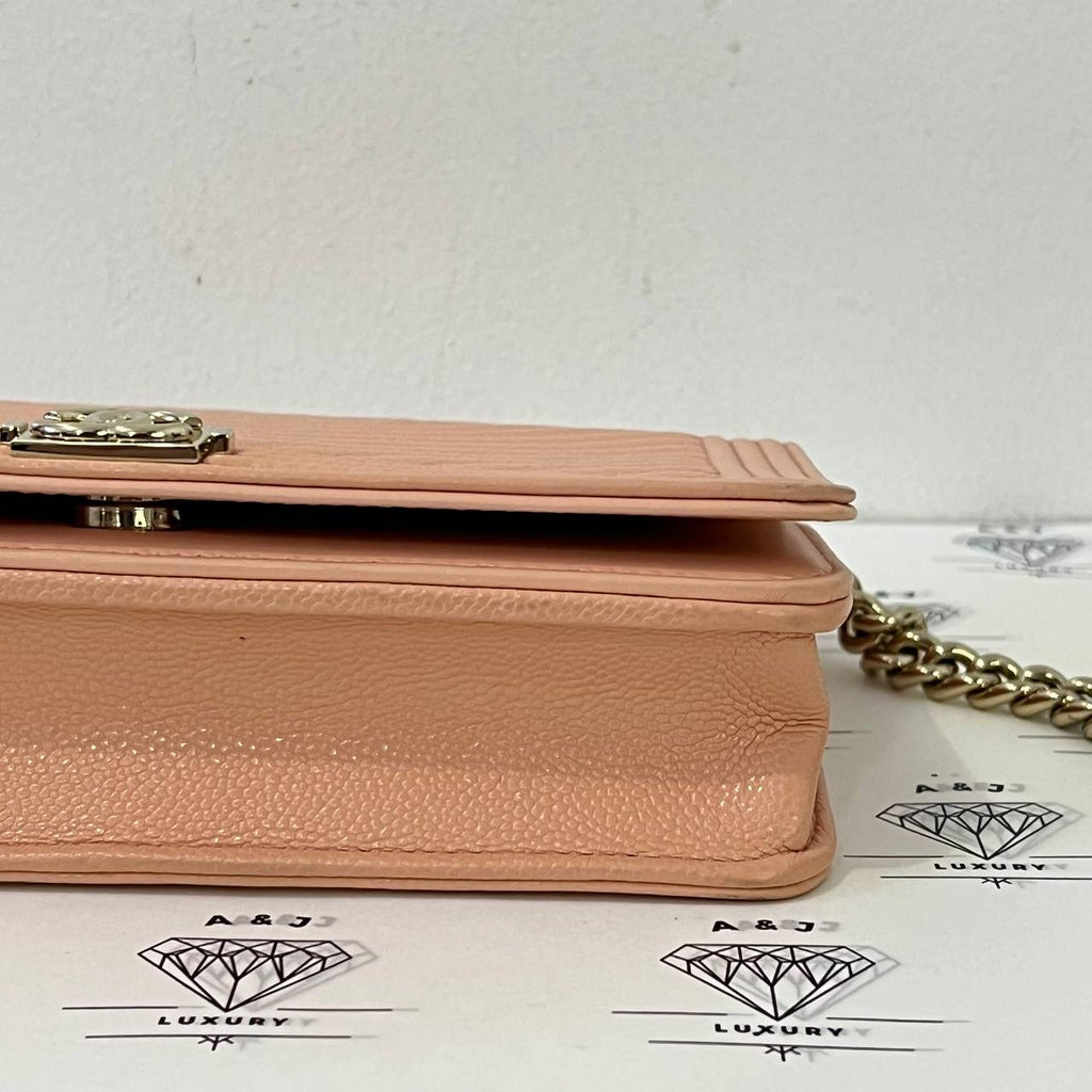 [PRE LOVED] Chanel Leboy Wallet on Chain in Peach Chevron Caviar Leather GHW (microchipped)